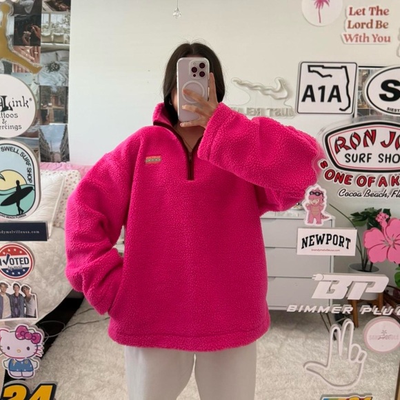 hot pink dairy boy sherpa quarter zip sweatshirt with pockets - Picture 1 of 8